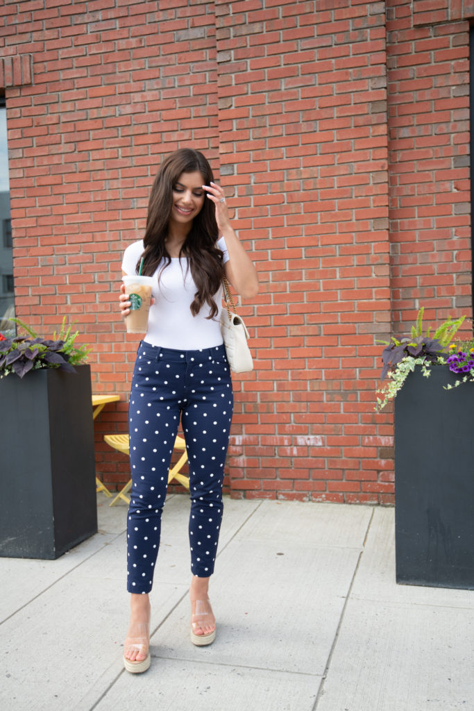 black and white polka dot pants outfit